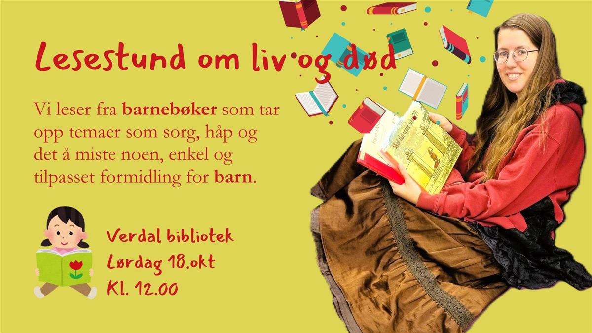 Plakat med bilde av bibliotekaren som skal lese. 