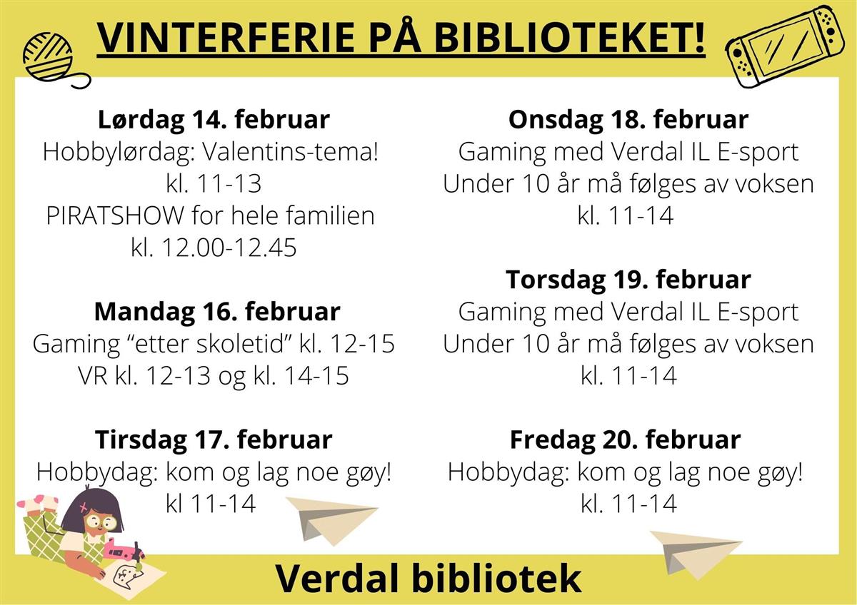 Plakat med oversikt over aktiviteter i vinterferien. Aktivitetene finnes hver for seg i arrangementskalenderen. 