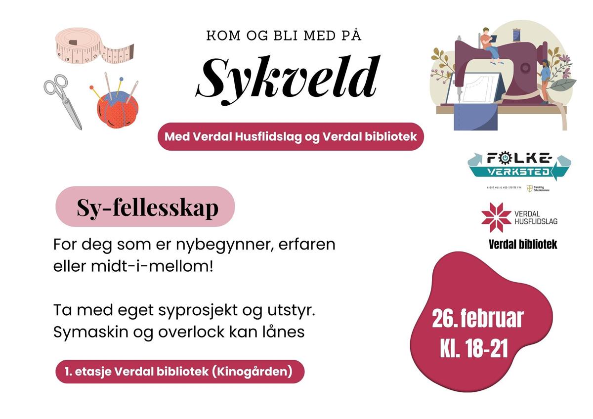 Plakat med informasjon om arrangementet. Et par digitale illustrasjoner av syutstyr.