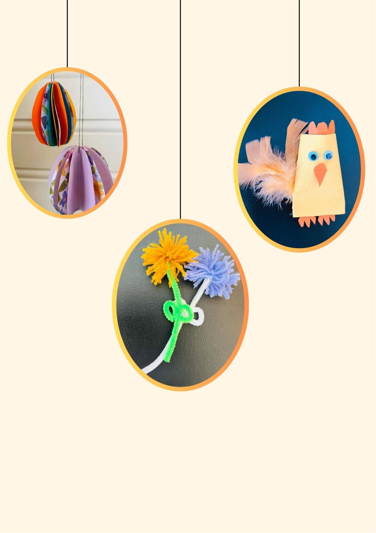 Plakat med bilde av det som kan lages på arrangementet: papir-egg til å henges opp, og pynte-papirkylling og garn- og pipestilkblomster.