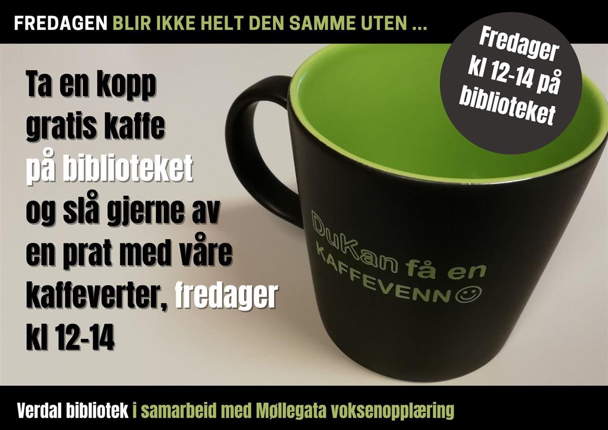 Plakat med bilde av en kaffekopp og tekst med dato og sted.